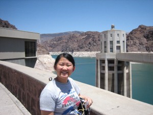 Angela in front of an intake tower