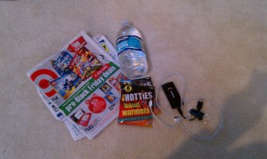 ads, hand warmers, water, extra cell phone batteries, bluetooth headsets